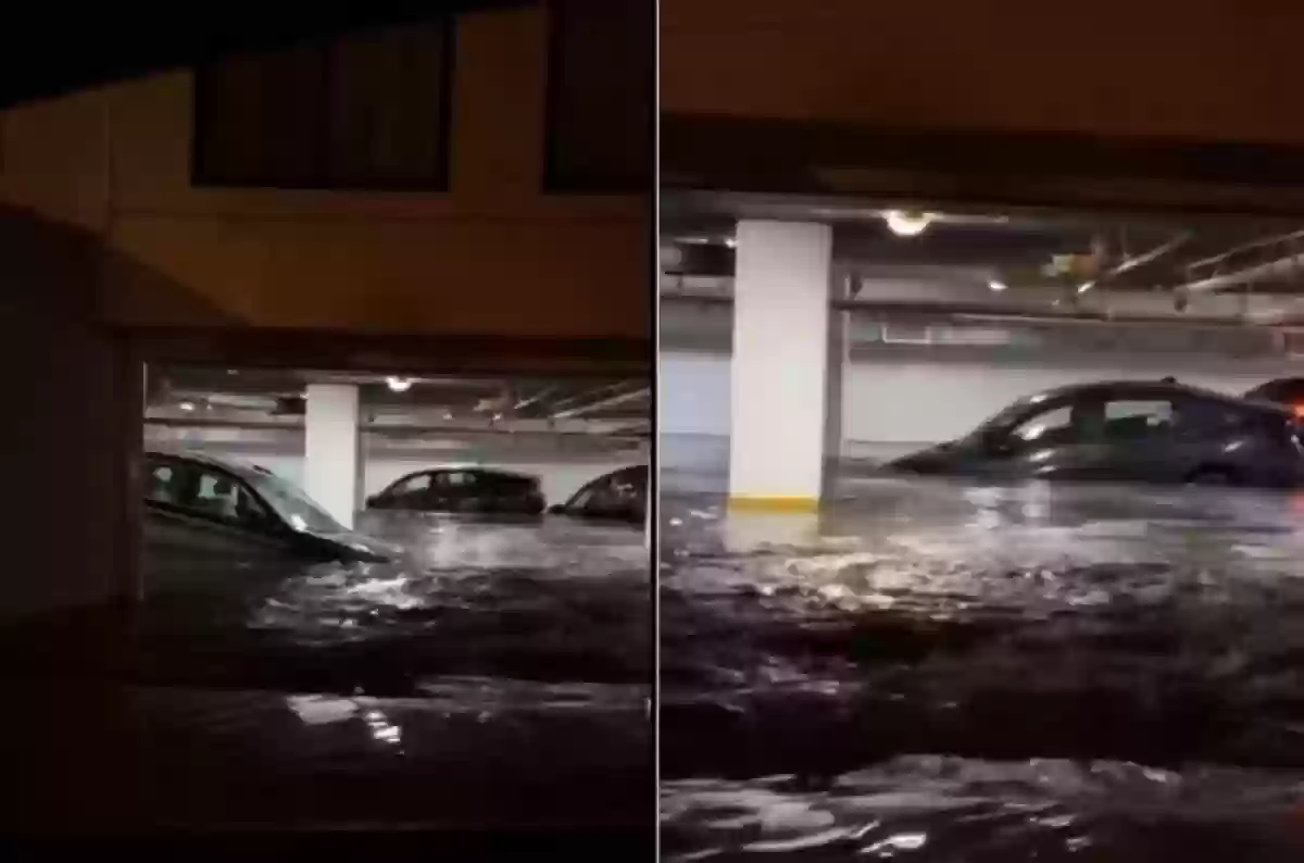 السيارات تسبح في مياه الأمطار في حي المونسية بالرياض